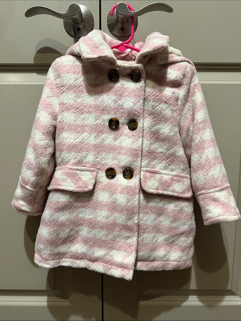Girls Houndstooth Fur Hooded Pea Coat
